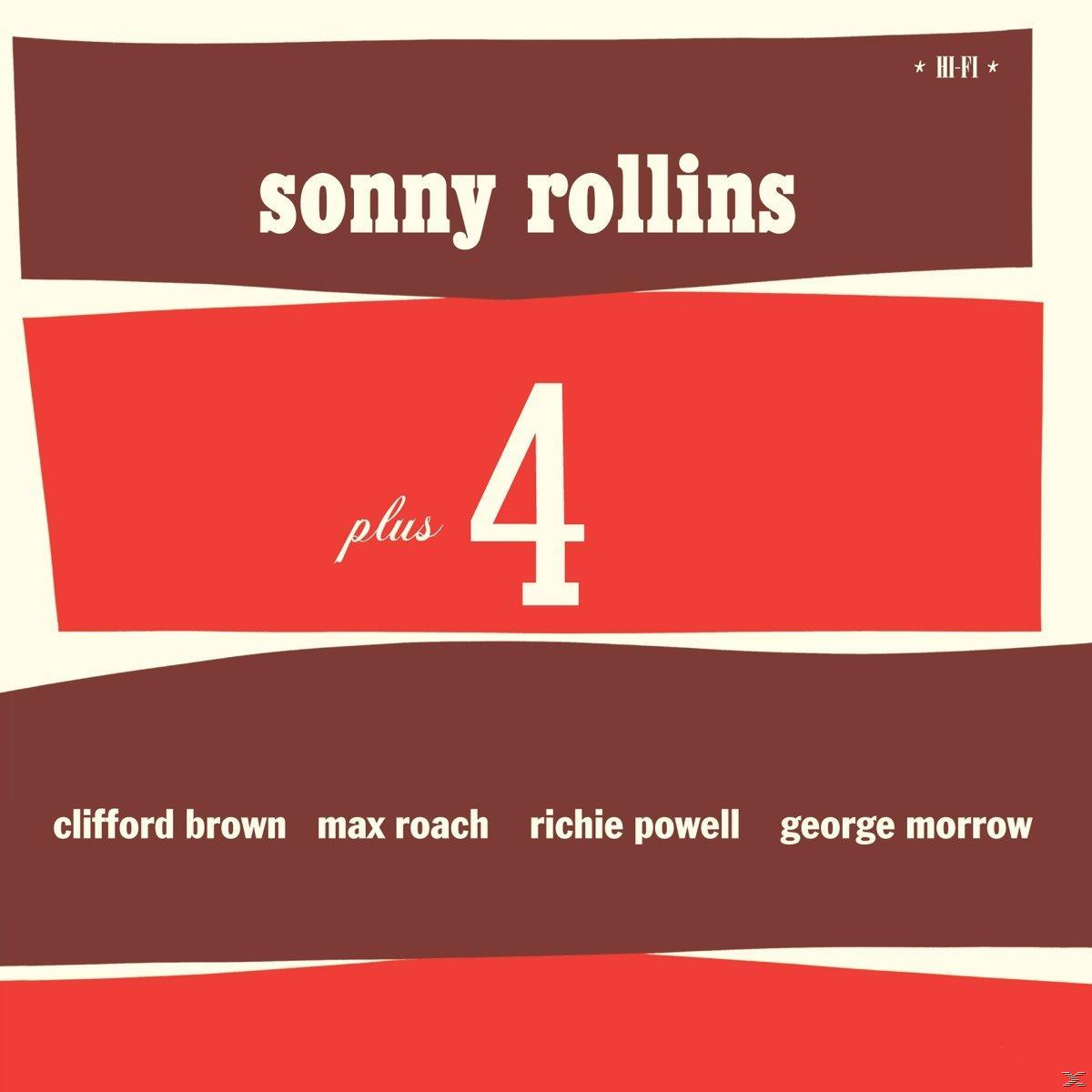 Album borító: Sonny Rollins Plus 4. Piros és barna háttér szöveggel és számmal.