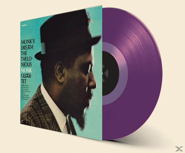 Album borító: Thelonious Monk. Album borító profil portréval és lila bakelit lemezzel. Kék és bézs színek.