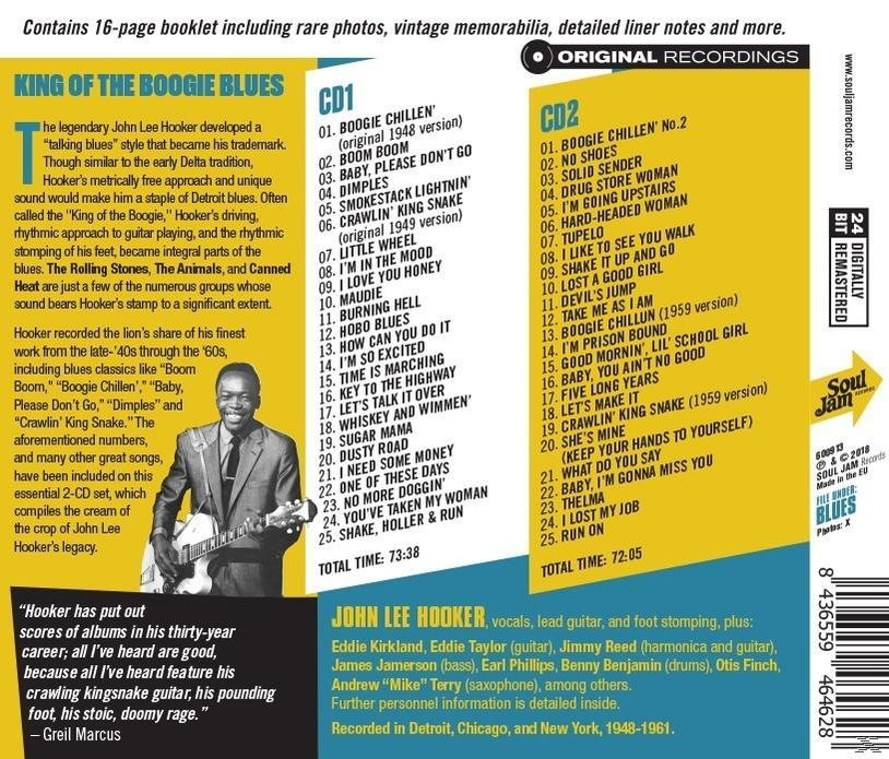 Album borító. John Lee Hooker fekete-fehér fotón. Szöveg: King of the Boogie Blues. Az album számlistái láthatók.