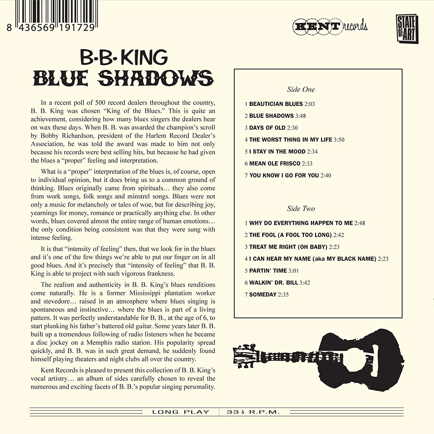 B.B. King album hátlapja szöveggel. Fekete-fehér kép B.B. Kingről.