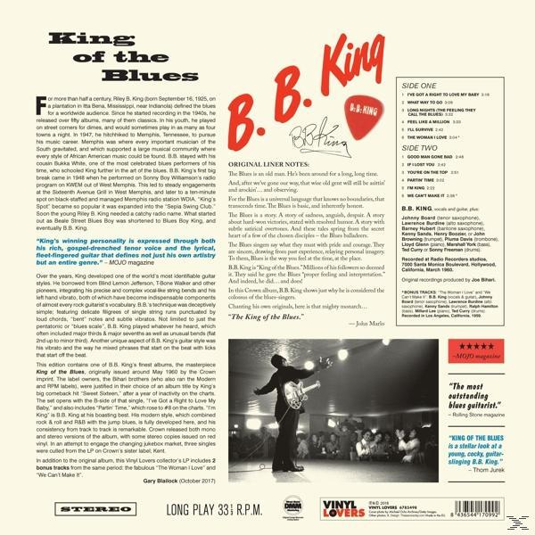 A 'King of the Blues' album hátlapja B.B. King-től, szöveggel, részletekkel és fotóval.