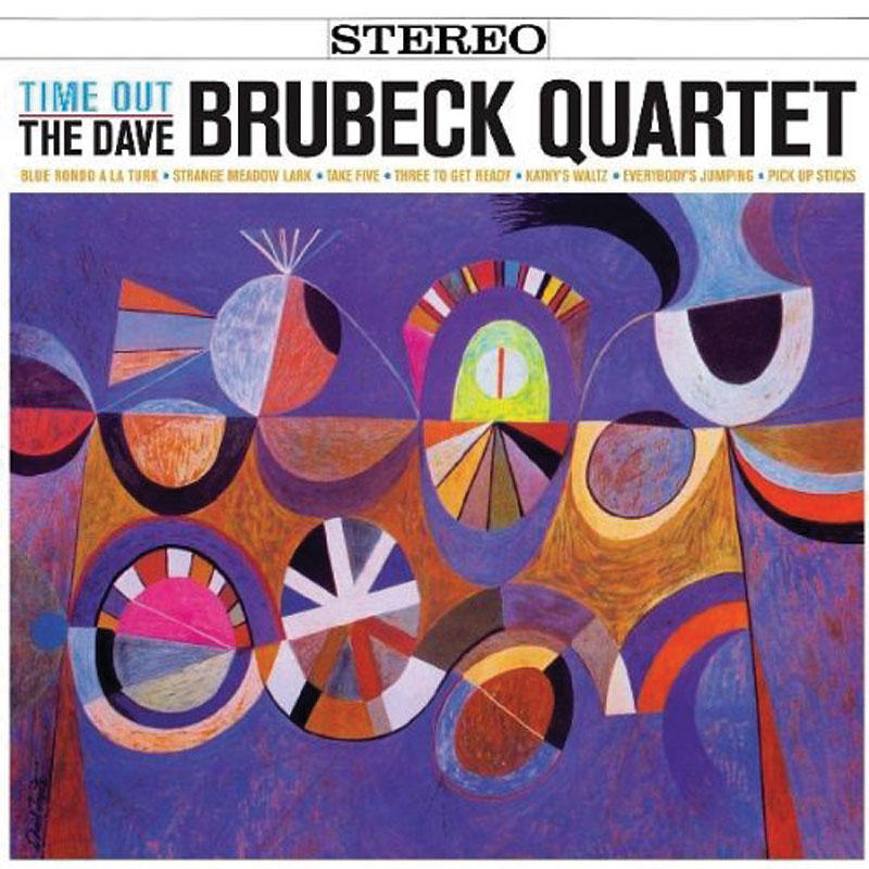 The Dave Brubeck Quartet albumjának borítója. Absztrakt művészet formákkal. Szöveg "Time Out" és a dalok címei.
