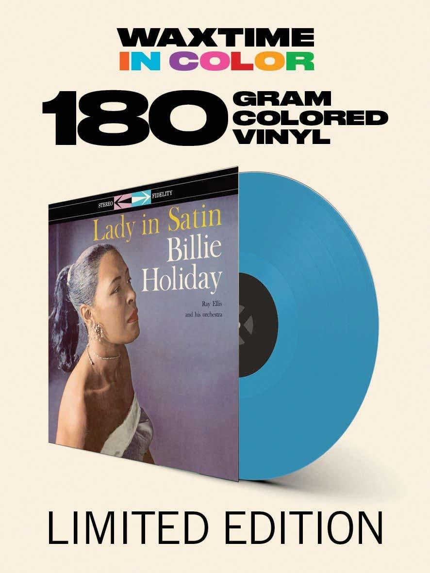 Billie Holiday album borítója. Egy nő ruhában, kék bakelit lemez, limitált kiadás.