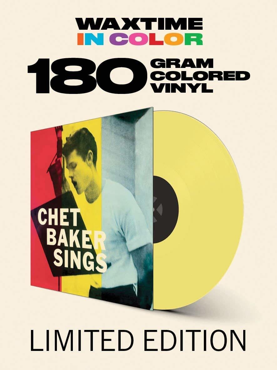 Album borító: Chet Baker Sings. Sárga bakelit kandikál ki a borítóból, szöveggel és képpel.