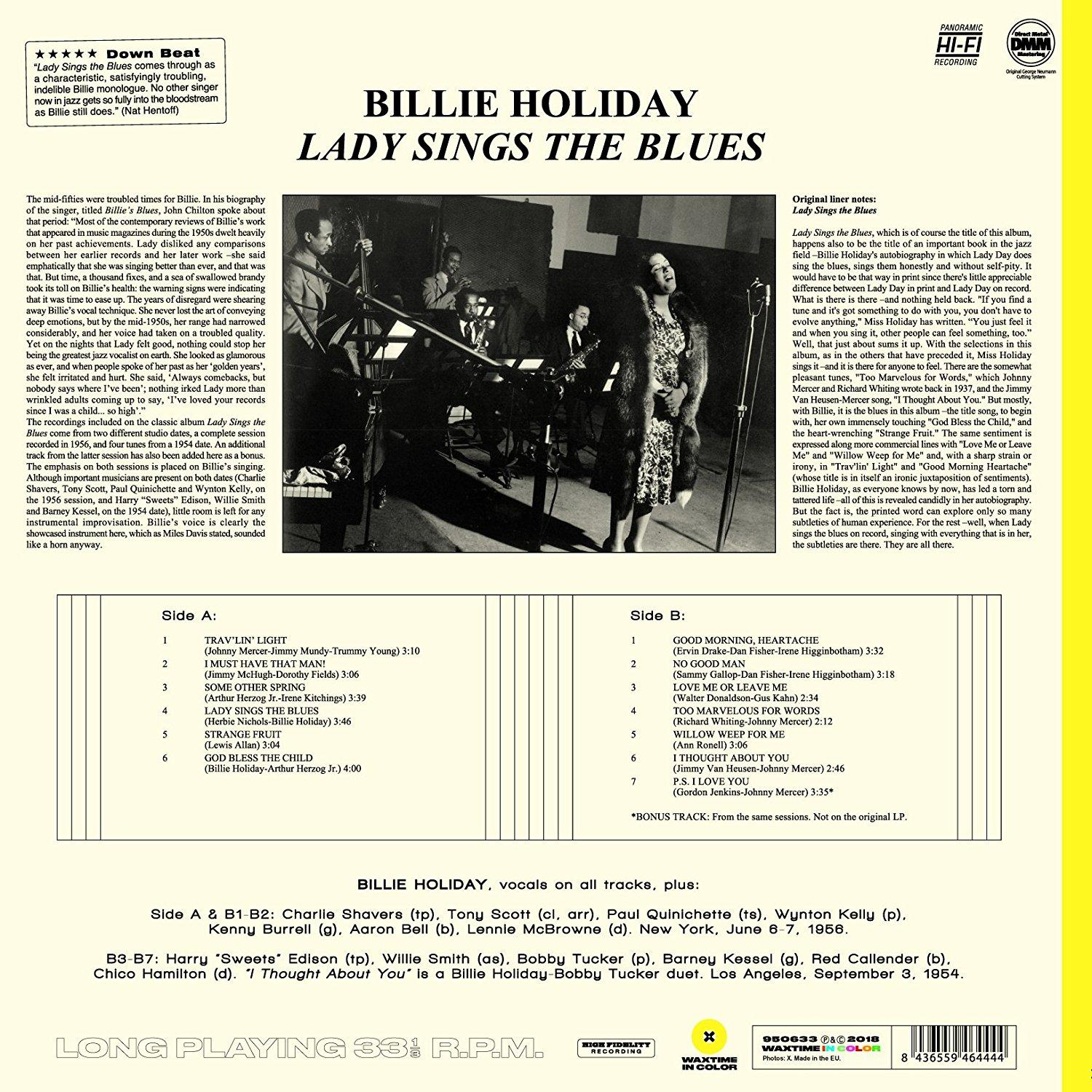 A 'Lady Sings the Blues' album hátlapja Billie Holiday-től, számlistával.