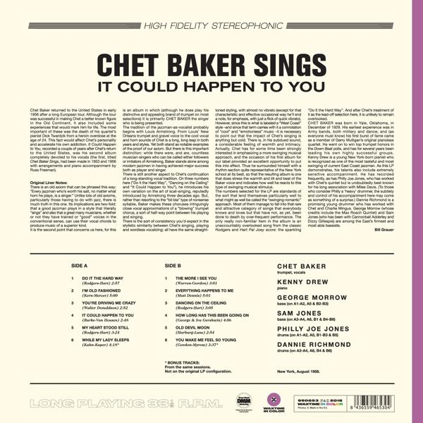 Chet Baker Sings album borító. Szöveg és egy lemez képe látható.