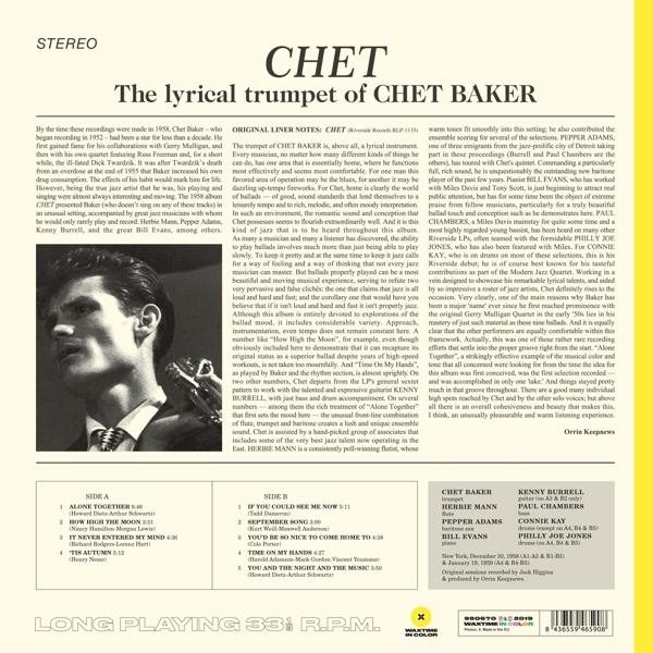 Album borítója. Chet Baker szerepel, szöveggel és képekkel. Fekete-fehér kép látható.