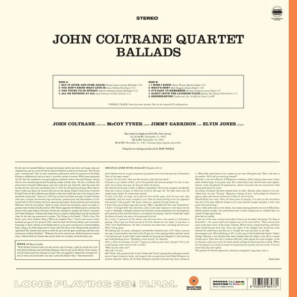 Album borító, John Coltrane Quartet, Ballads. Fekete-fehér fotó Coltrane-ről. Számlisták.