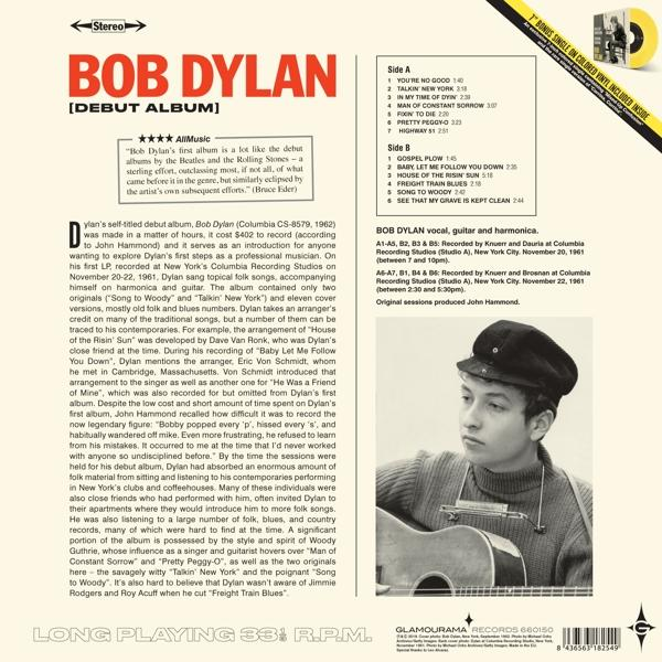 A "Bob Dylan Debut Album" című vinyl lemezborítója, Dylan fotójával és számlistájával.