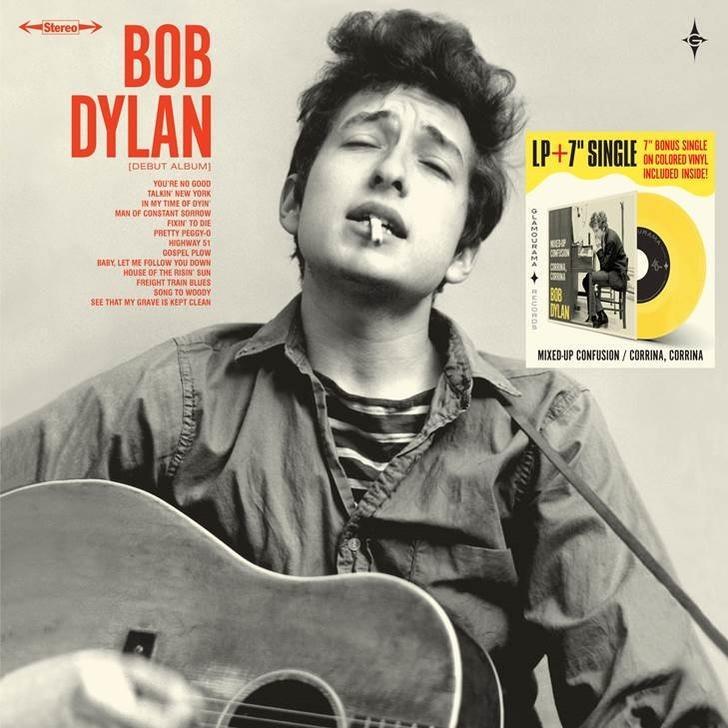 Bob Dylan, cigarettával, egy gitárra támaszkodik. A lemezborító egy 7"-es kislemezt is mutat.