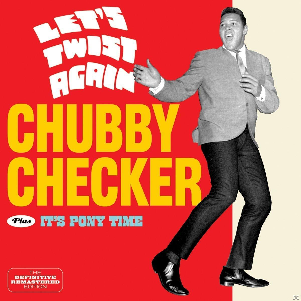Albumcover mit Chubby Checker beim Tanzen. Roter Hintergrund mit Text 'Let's Twist Again' und 'Chubby Checker'.