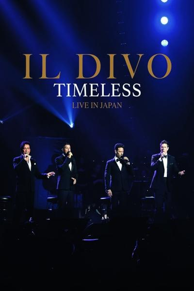 Il Divo fekete öltönyben a színpadon. A 'Timeless' cím olvasható felettük.