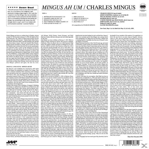 Egy újságcikk Charles Mingusról, szöveggel és egy 'Down Beat' feliratú logóval. A cikk fekete-fehér.
