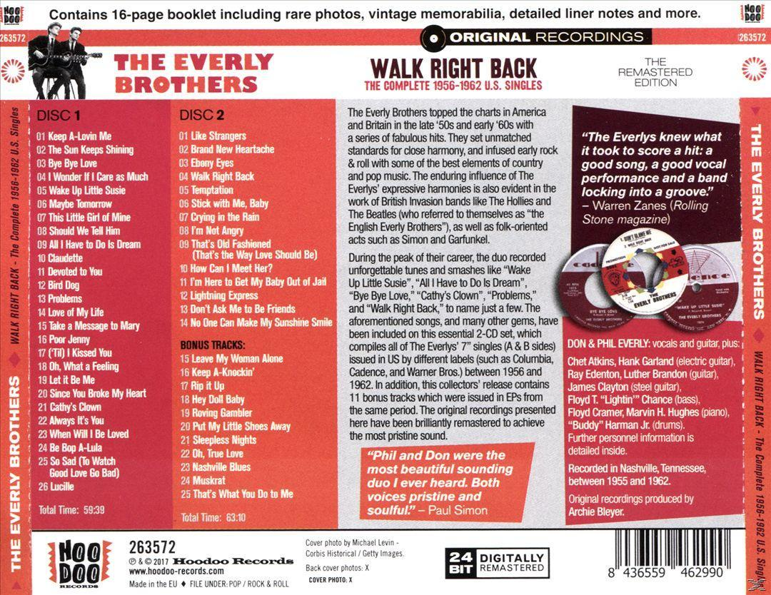Album borító: The Everly Brothers, 'Walk Right Back'. Szöveg és fotó a duóról. A háttérben a dalcímek láthatók.