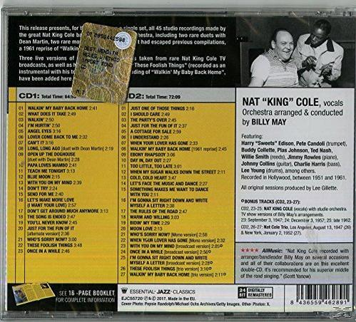 Egy Nat King Cole albumborítójának hátulja, számlistával, stáblistával és fotókkal.