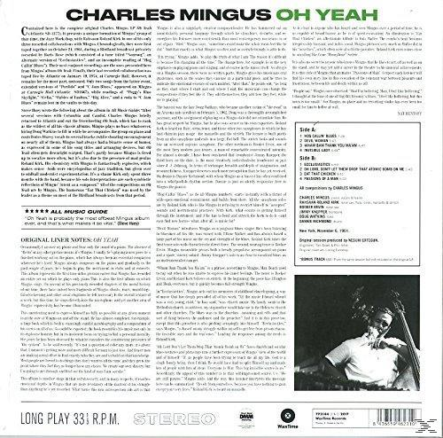 Charles Mingus albumának hátlapja, szöveggel, számlistával és Mingus fotójával.