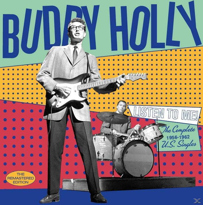 Albumcover: Buddy Holly spielt Gitarre. Ein Schlagzeuger im Hintergrund. Text: Buddy Holly.