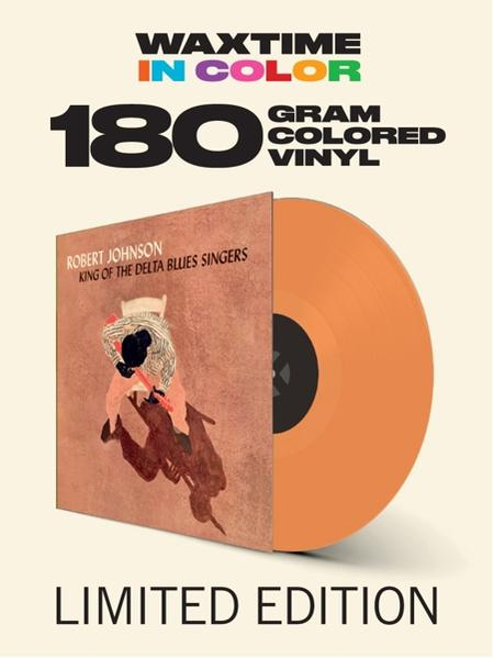 Vinyl-Schallplattencover, orangefarbene Schallplatte. Bild eines Mannes, der Gitarre spielt. Text 'Robert Johnson'.