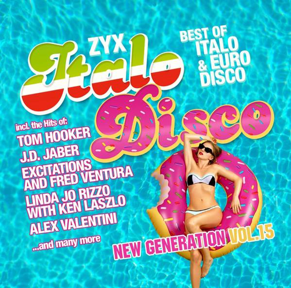 Albumcover von Italo Disco, Frau im Bikini auf Donut. New Generation Vol. 15.