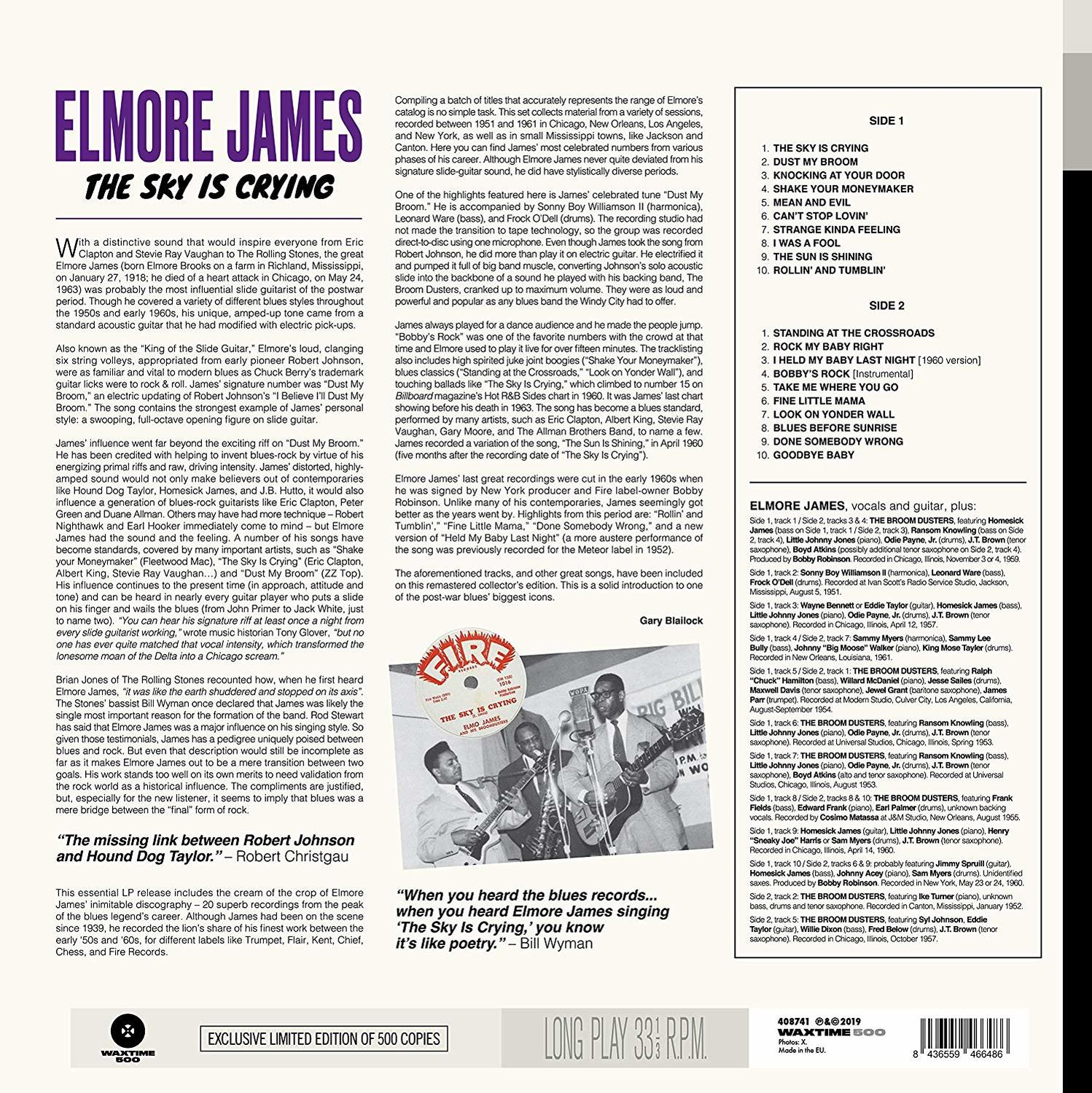 Text aus dem Album 'Elmore James: The Sky Is Crying' wird präsentiert. Enthält Informationen über den Künstler und die Songs.