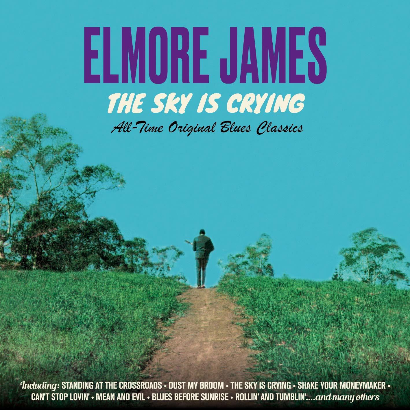 Albumcover, Elmore James auf einer Straße in einem Feld, blauer Himmel und Text 'The Sky Is Crying'.