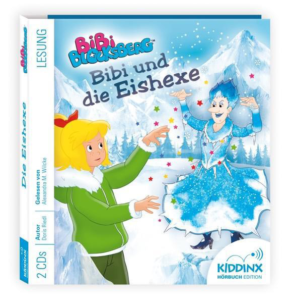 Buchcover: Zeichentrickfiguren, Winterszene. Text: "Bibi Blocksberg" und deutscher Titel.