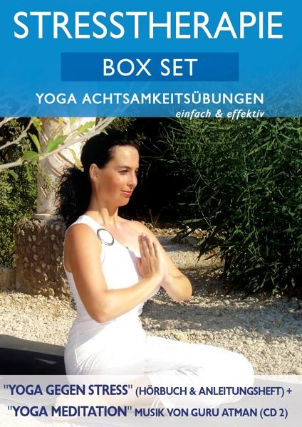 Eine Frau in Weiß beim Yoga, mit Text über Stressbewältigung und Yoga auf dem Cover.