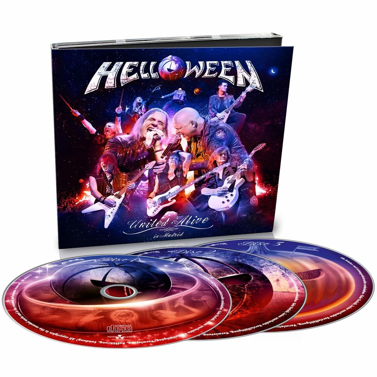 Ein CD-Boxset von Helloweens 'United Alive' in Madrid, mit der Band und einer Bühne.
