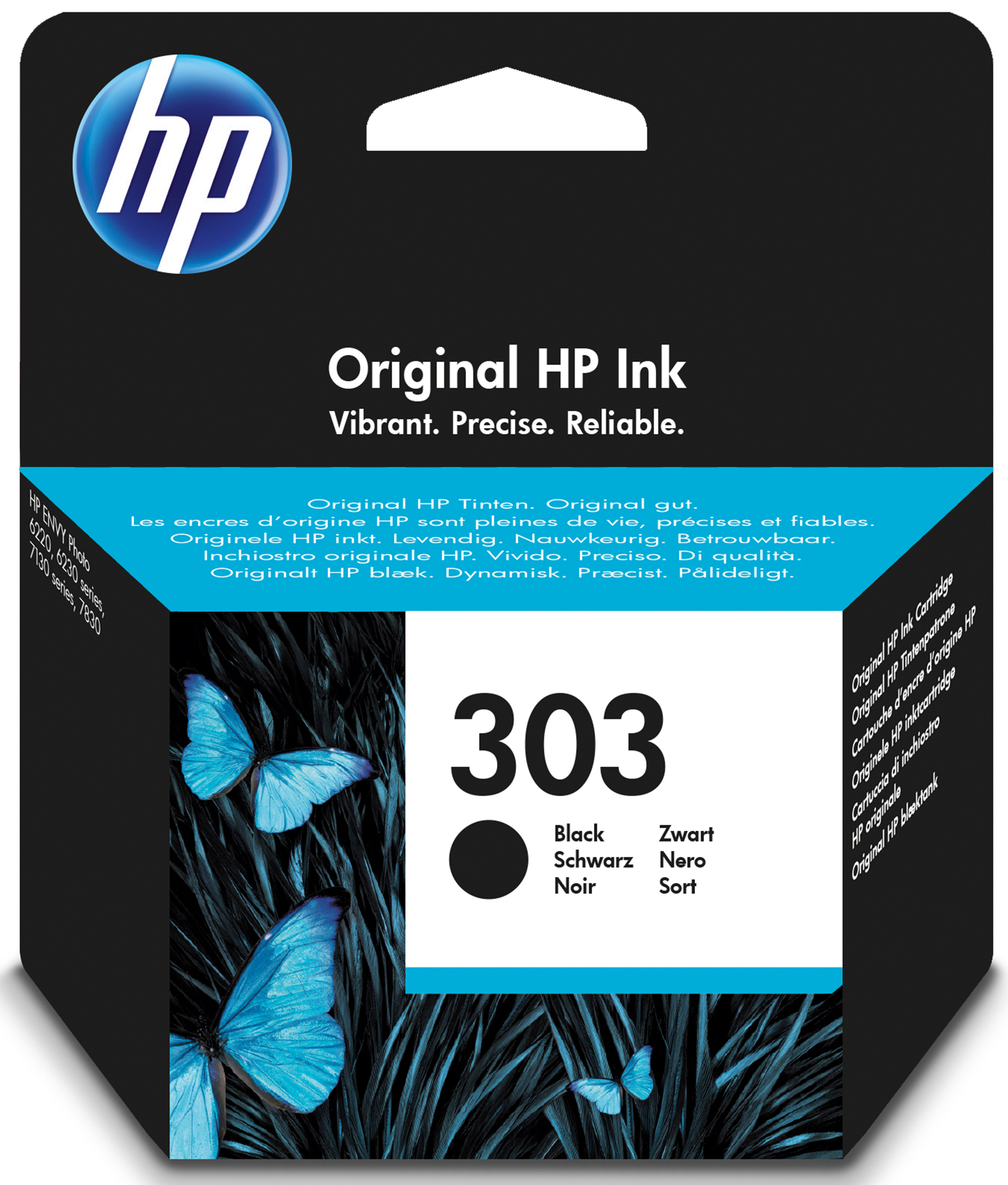 Cartucho de tinta HP, negro, con mariposas y hierba en la caja.