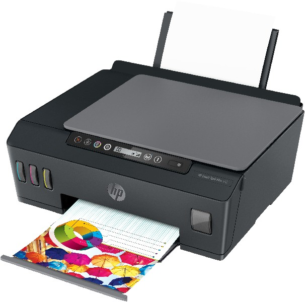 Impresora HP. Una impresora negra con papel dentro, que muestra un gráfico colorido. Los controles son visibles.