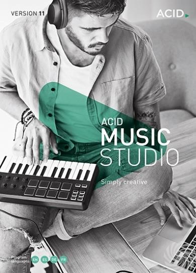 Een man met een koptelefoon bespeelt een klein keyboard. Afbeelding heeft 'ACID MUSIC STUDIO' en 'Version 11'.
