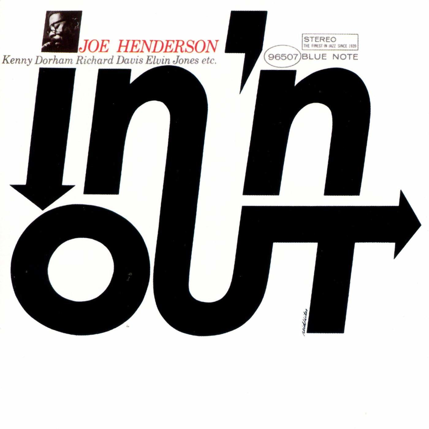 Albumcover: Schwarz-weißer Text 'in' und 'out' mit Foto von Joe Henderson, Blue Note Logo.
