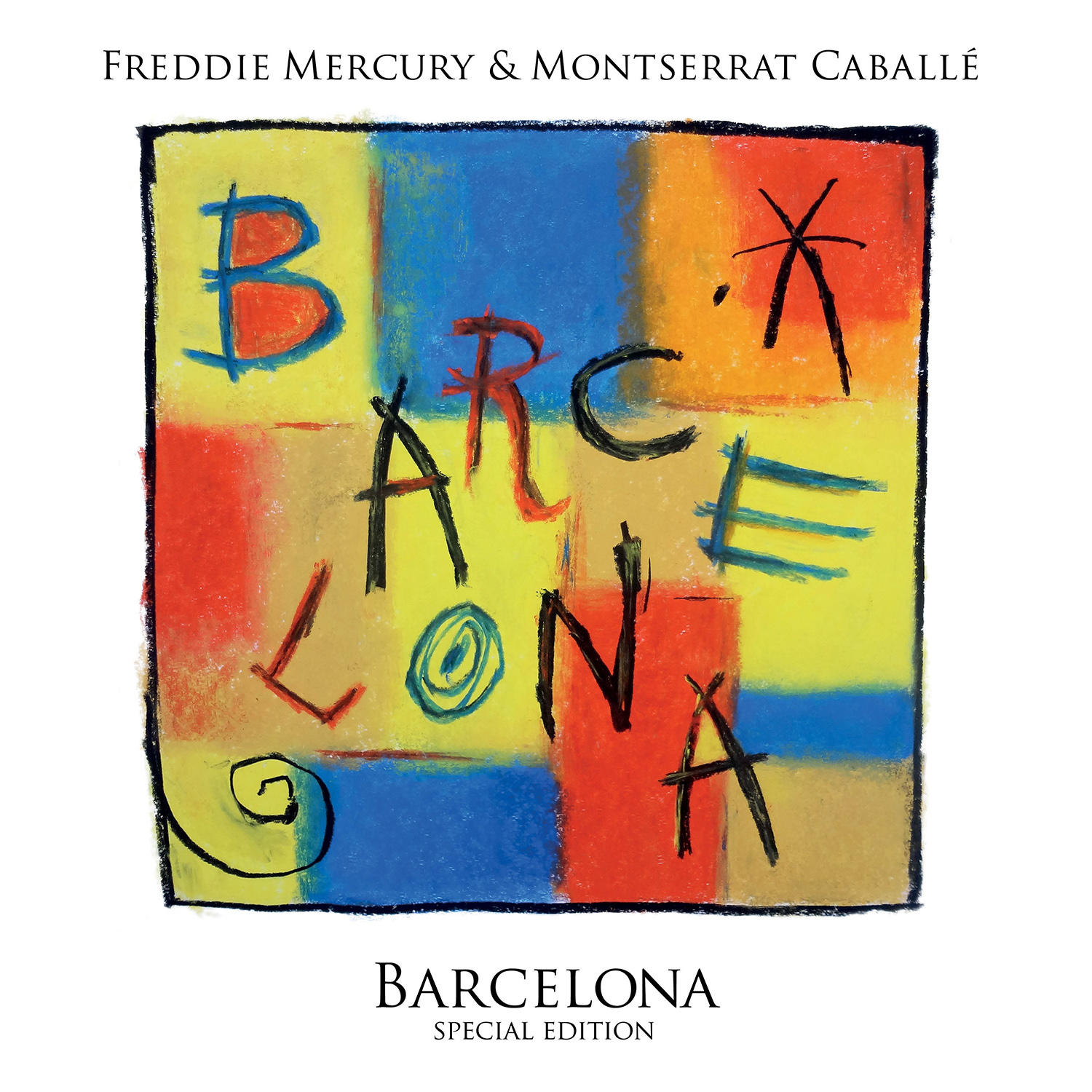Albumcover, bunte abstrakte Kunst mit dem Wort 'Barcelona' in verschiedenen Stilen geschrieben.
