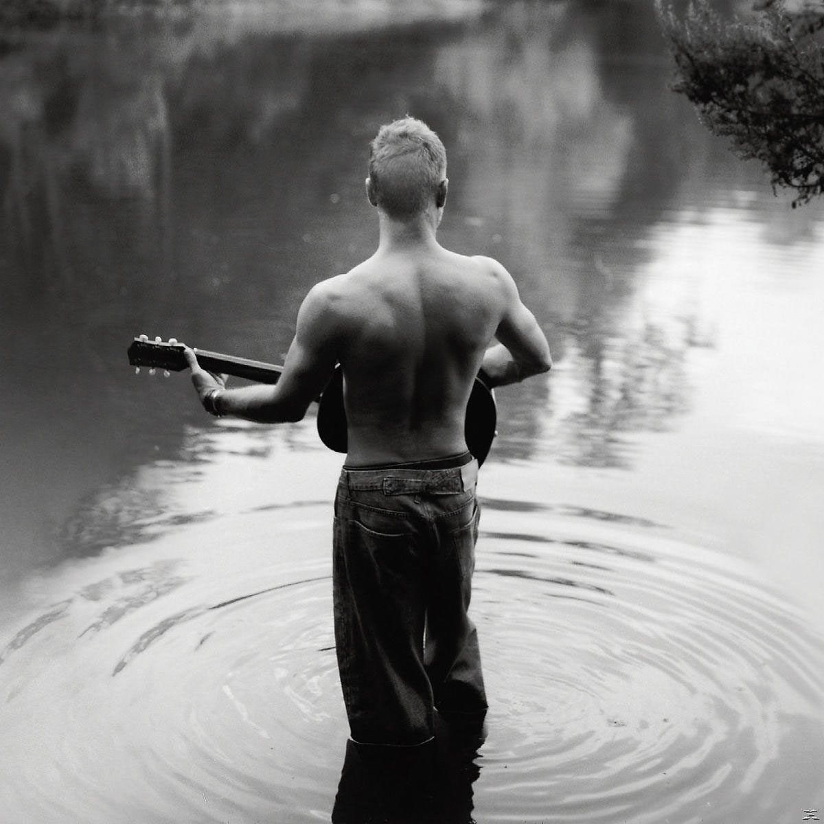 Ein Mann steht in einem See, hält eine Gitarre, mit dem Rücken zur Kamera. Das Wasser hat Kräuselungen.