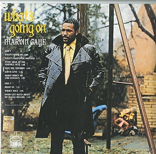 Marvin Gayes What's Going On Albumcover. Mann im Mantel, Regen und Titelliste.