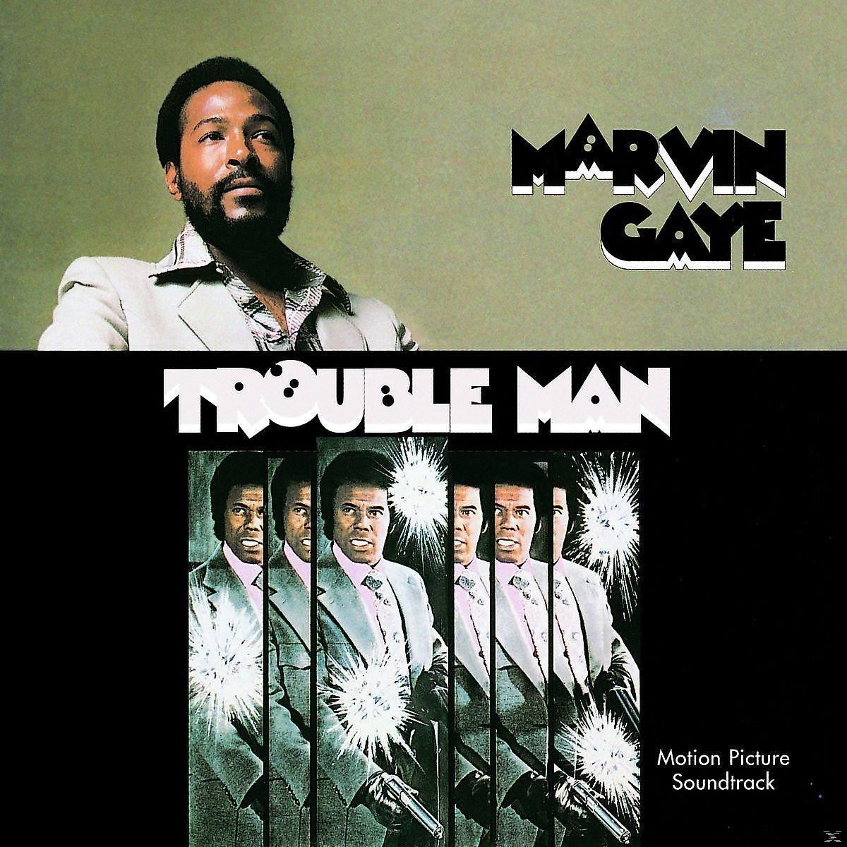 Marvin Gaye Albumcover. Porträt von Marvin Gaye und mehrere Bilder von ihm mit einer Waffe.