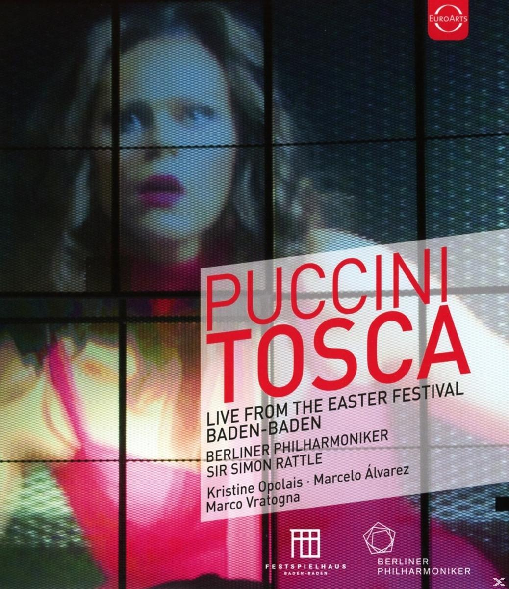 Puccini Tosca Albumcover. Bild einer Frau vor einem Raster. Text: Puccini Tosca, Live vom Osterfestival.