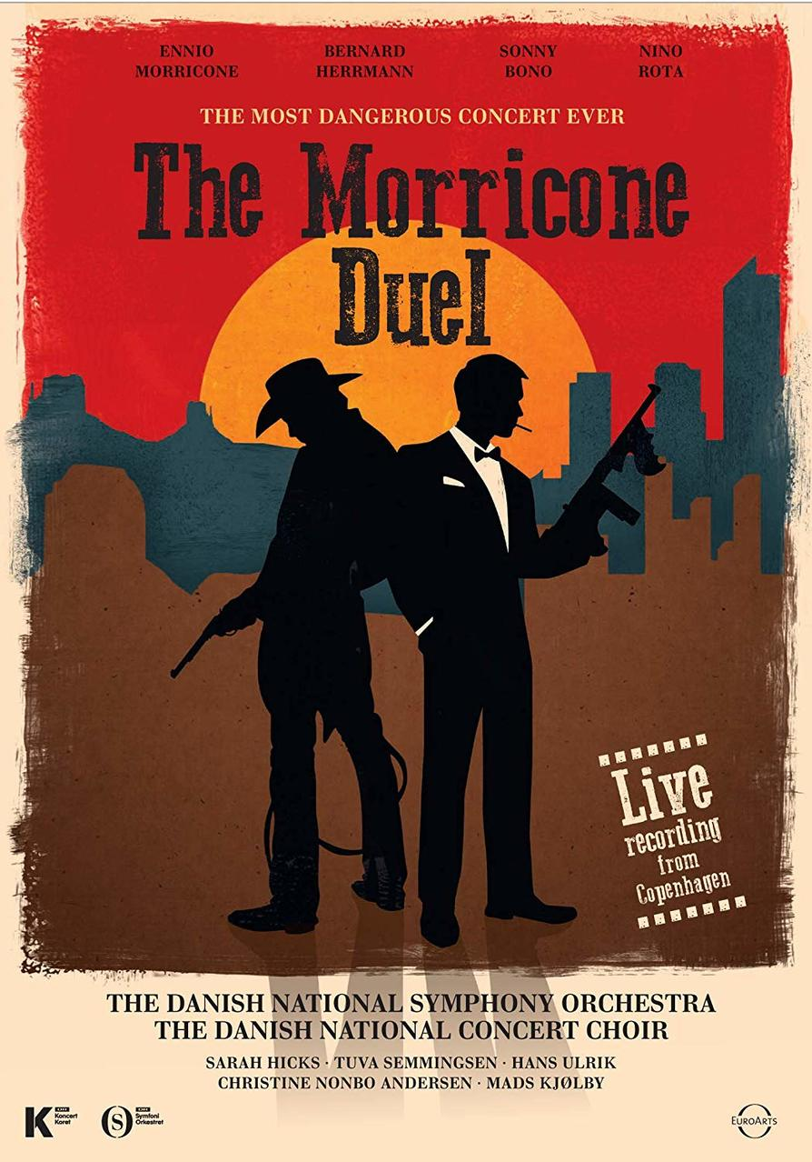 Poster: Silhouetten von zwei Männern mit Waffen, gegen einen Sonnenuntergang. Text: The Morricone Duel.