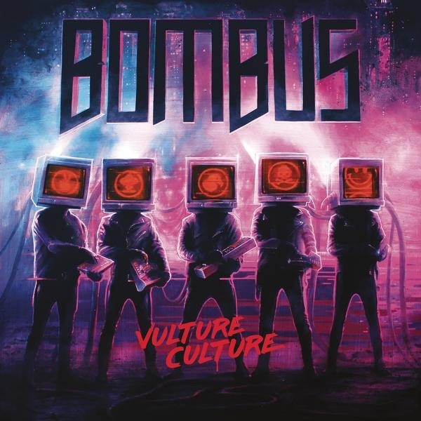 Band mit Köpfen als Monitoren. Text 'BOMBUS' und 'Vulture Culture' auf dem Albumcover.