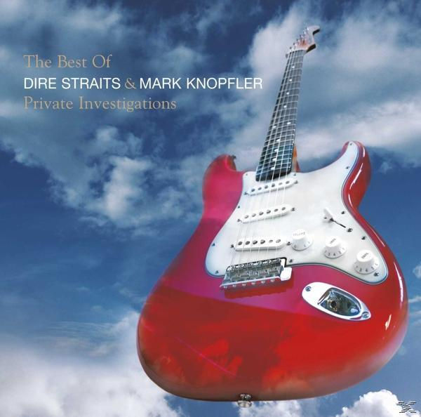 Pochette de l'album de Dire Straits. Guitare électrique contre ciel nuageux. Le titre est "Private Investigations".