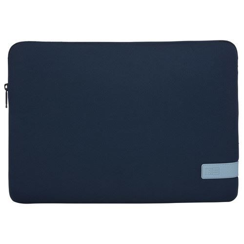 Una funda para portátil azul marino con cremallera y un acento azul claro.