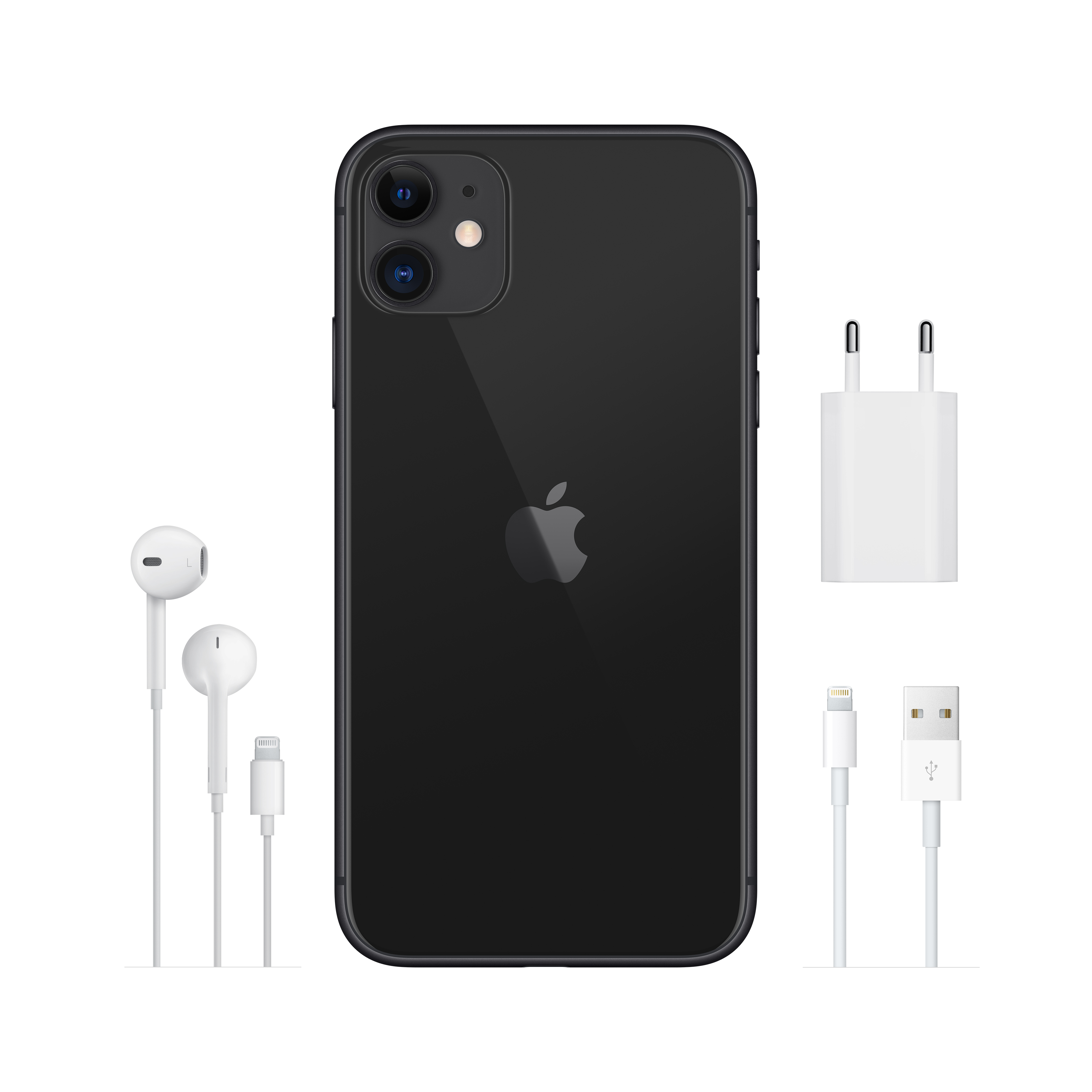 Siyah iPhone 11, aksesuarlarıyla: şarj cihazı, kablo ve kulaklıklar, beyaz arka planda.