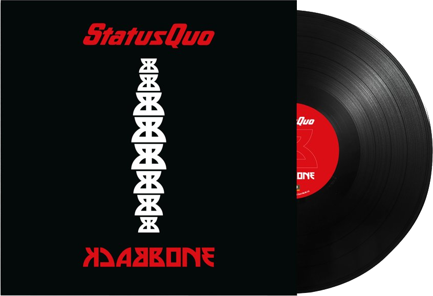 Albumhoes met rode tekst, Status Quo, en een zwarte plaat. Het album heet Backbone.