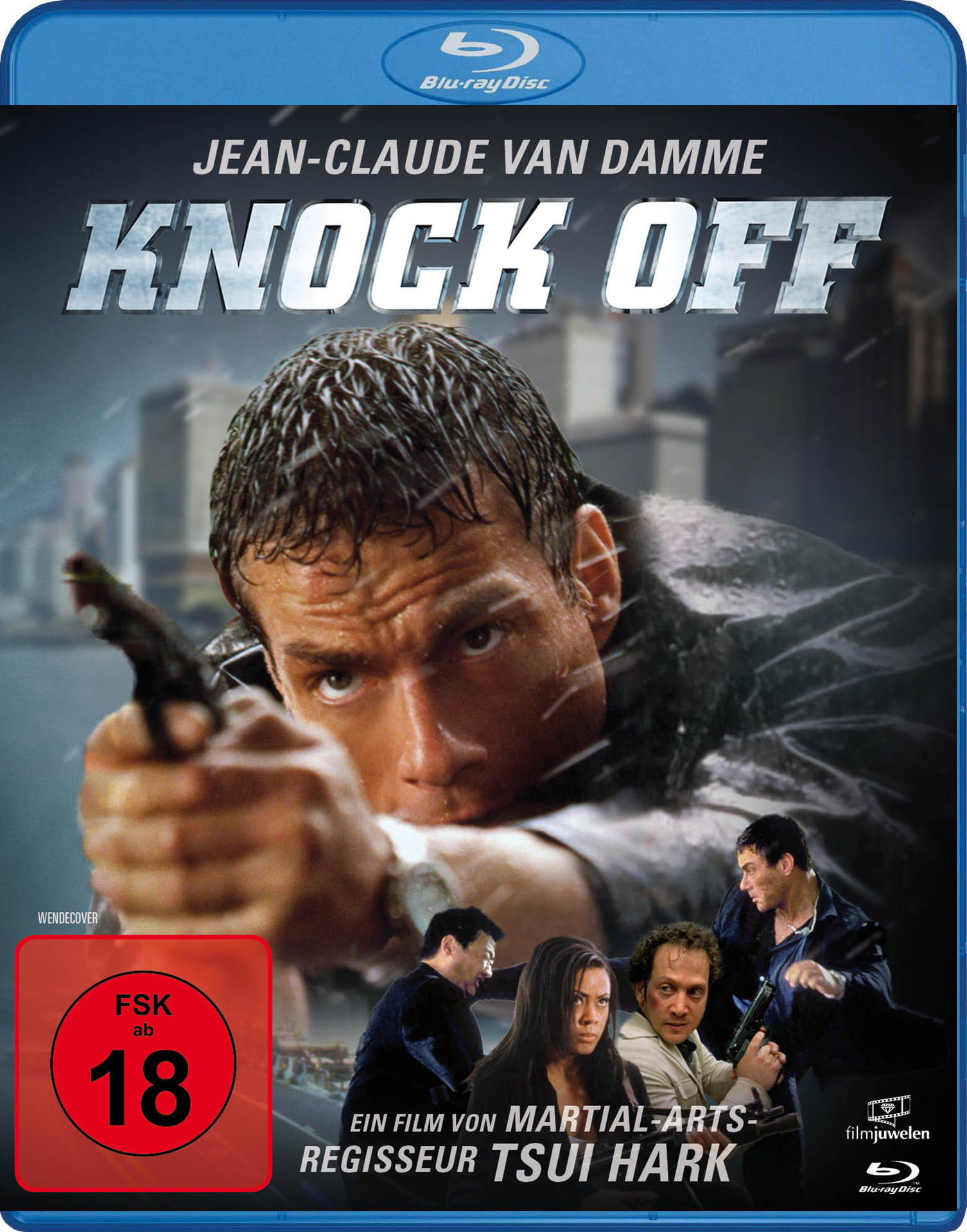 Jean-Claude Van Damme auf einem Filmcover. Er hält eine Waffe. Der Titel ist Knock Off.