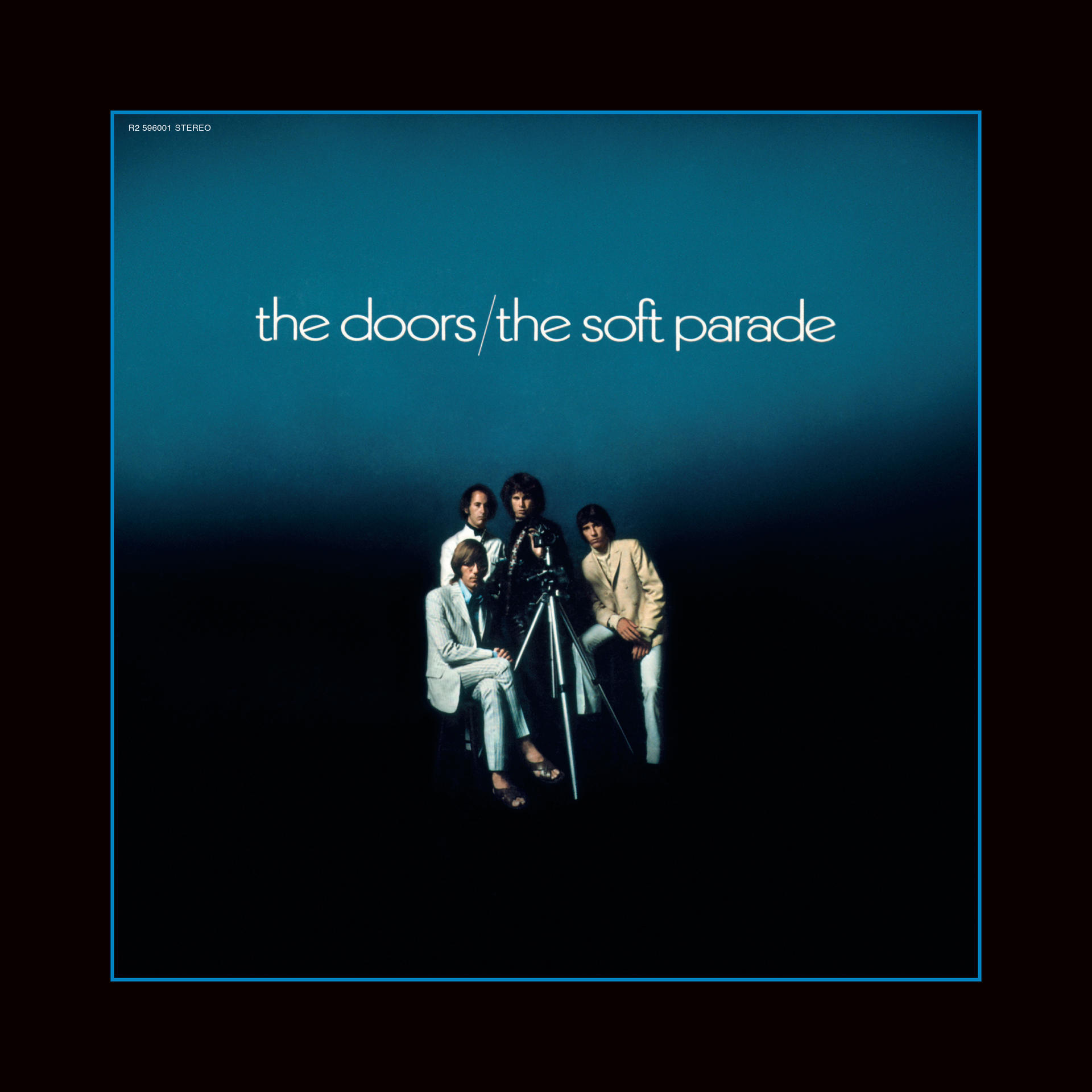 Pochette d'album avec les membres du groupe The Doors en costume avec une caméra, avec le titre 'the doors / the soft parade'.