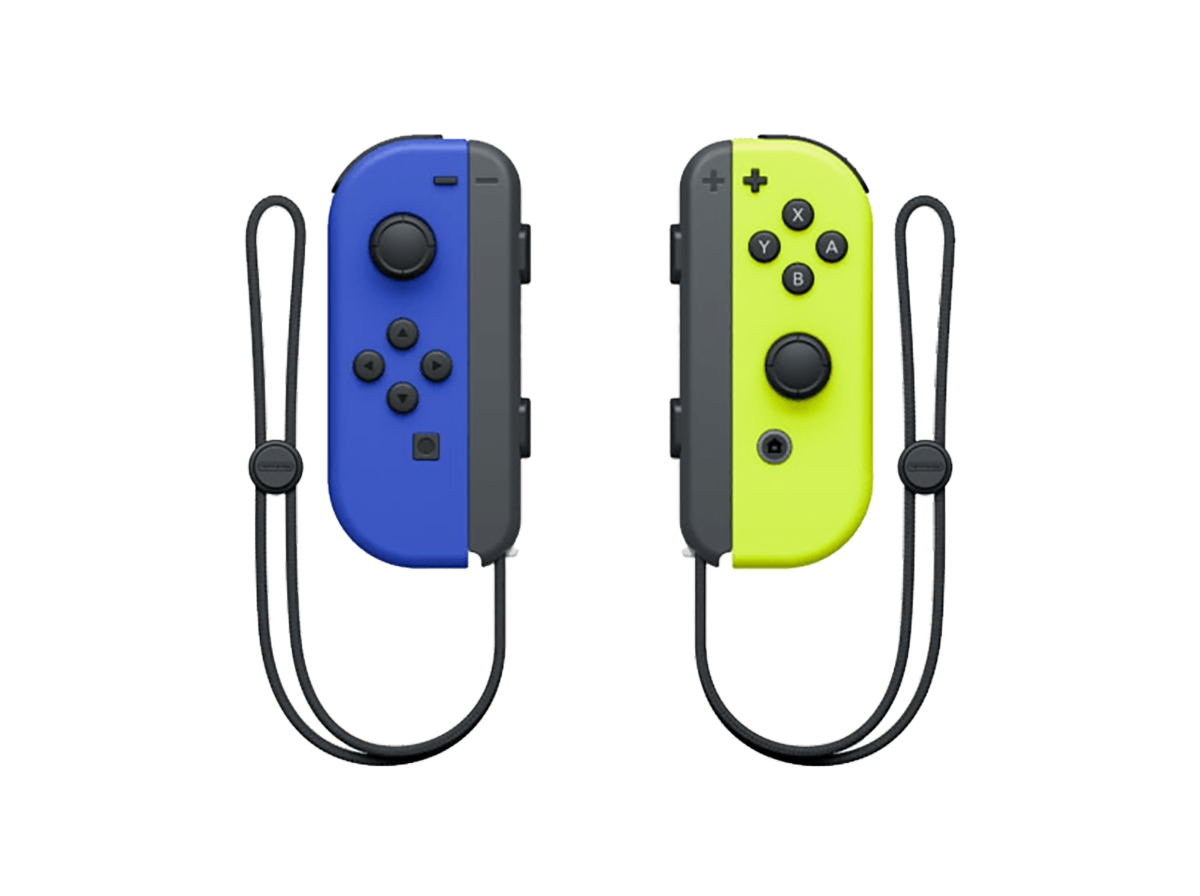 Twee kleurrijke Nintendo Switch-controllers, één blauw, één groen. Elk heeft een polsbandje onderaan.