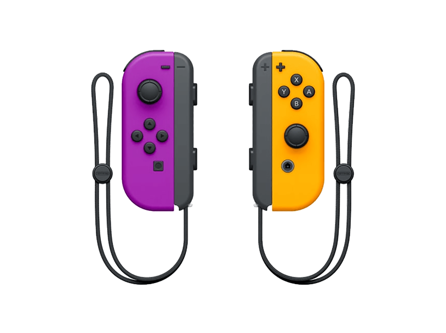 Two Nintendo Switch Joy-Con controllers: purple and orange with black buttons.