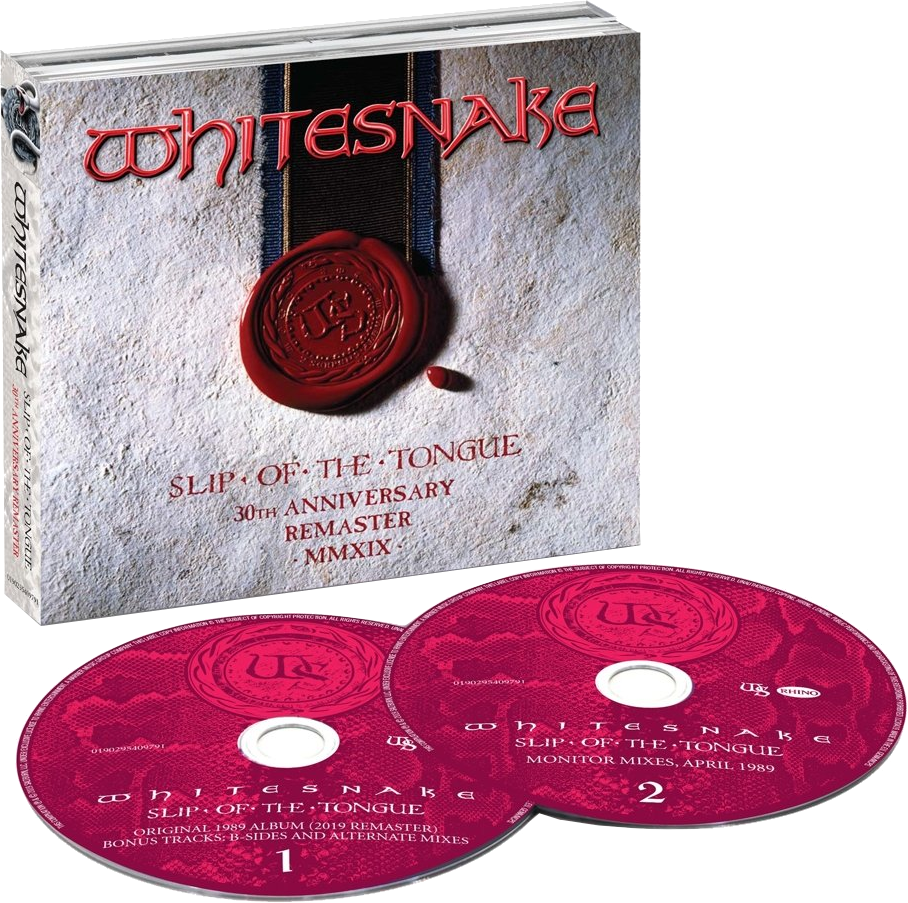 Een Whitesnake cd-set. De hoes heeft een steenachtige textuur met een rood zegel.