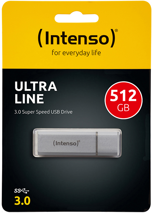 Silberner und grauer USB-Stick mit 512 GB Kapazität, in einer transparenten Kunststoffverpackung.
