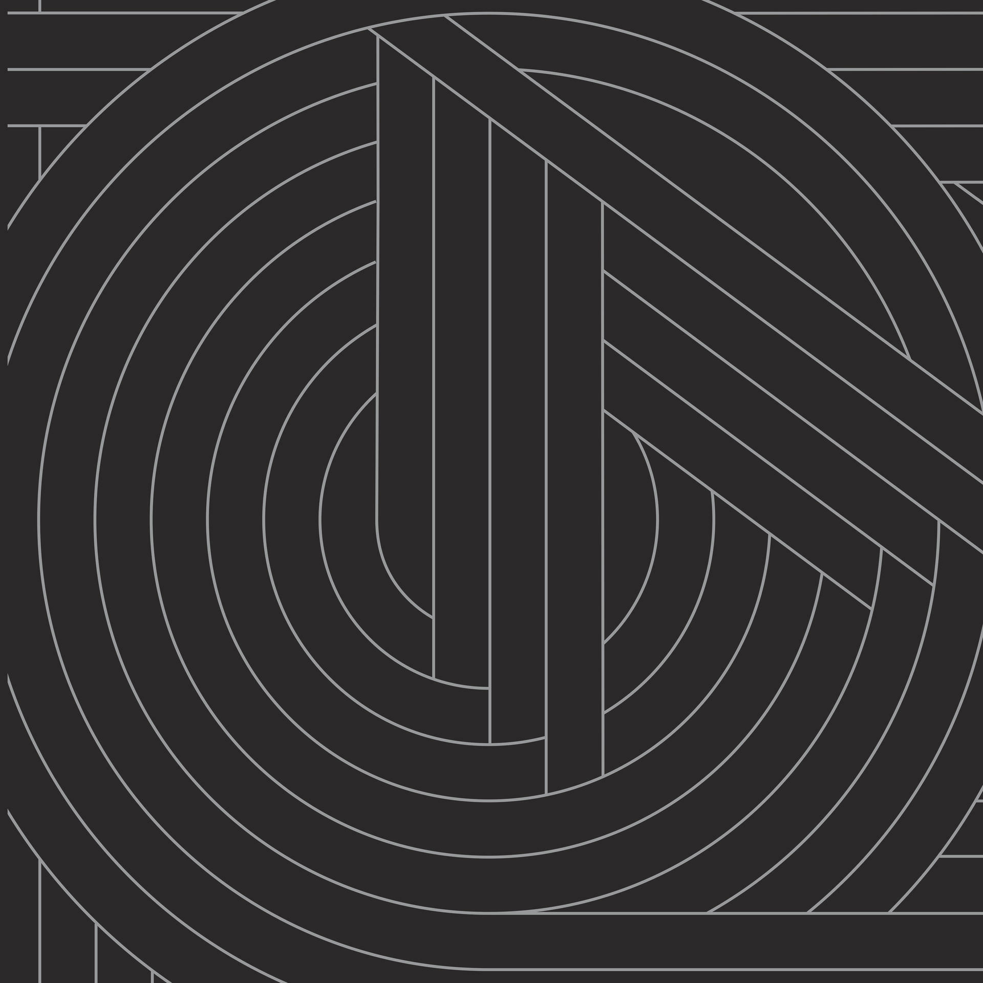 Schwarz-weißes abstraktes Design mit konzentrischen Kreisen und Linien.